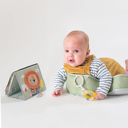 Taf Toys Tummy Time Lion Cushion with Detachable Toys for Newborn & Babies, Soft Baby Sensory Toy with Teether and Rattle for Tummy Time Play, 0-6 Months