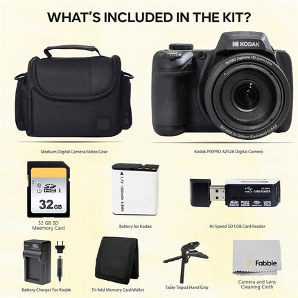 Kodak PIXPRO AZ528 16 MP Full HD Video Digital Camera (Black) with 52x Optical Zoom Bundle with Accessories Including Protective Camera Case, Battery & Charger, 32GB SD Card, Tripod and More