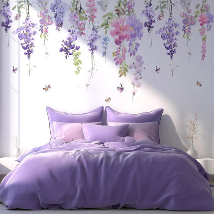 VePret Purple Flowers Wall Decals Peel and Stick, Large Hanging Floral Leaf Vinyl Wall Stickers, Removable Vine Home Decor Art for Bedroom Living Room Classroom Office