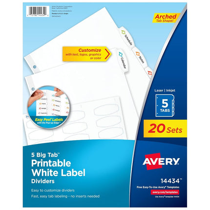 Intercalaires grand onglet imprimables Avery, blancs, 5 onglets, 20 jeux (14434)