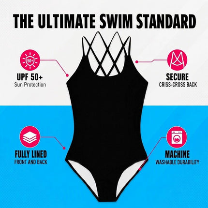 Kanu Surf Girls' Reese UPF 50+ Beach Sport Criss-Cross One Piece Swimsuit, Solid Black, 14
