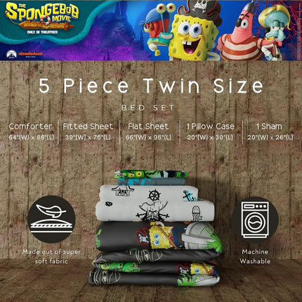 The Spongebob Movie: The Search for Squarepants Twin Bedding Set – 5 Piece Kids Super Soft Microfiber Reversible Comforter & Sheet Set - Roblox Reward Included (Officially Licensed Product) by Franco