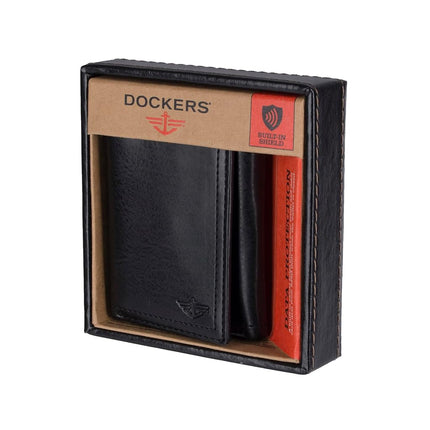 DOCKERS Men's Extra Capacity Slim Profile Trifold Wallet with Multiple Card Slots and ID Window, Black, One size