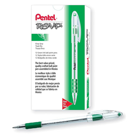 Pentel R.S.V.P. Ballpoint Pen, 0.7mm Fine Tip, Green Ink, Box of 12 (BK90-D)