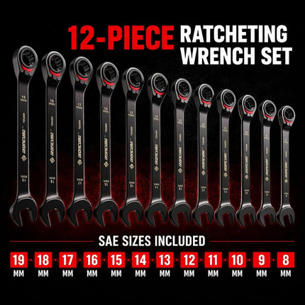 ironcube Reversible ratcheting Wrench Set, 12-Piece Metric 8-19mm, Tough Black, With Wax Canvas Storage Bag