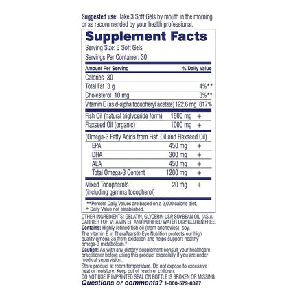 Thera Tears 1200mg Omega 3 Supplement for Eye Nutrition, Organic Flaxseed Triglyceride Fish Oil and Vitamin E, 180 Count