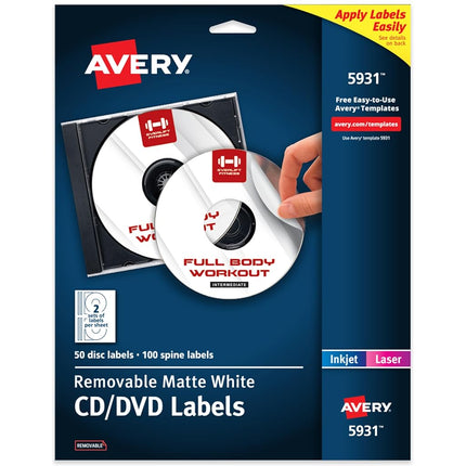 Avery Removable CD Labels, Print to The Edge, Removable Adhesive, 50 Disc Labels and 100 Spine Labels (5931)