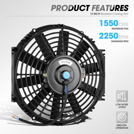 DNA Motoring Ventilador eléctrico delgado de alto rendimiento de 12 pulgadas para radiador con kit de montaje, negro, RAF-12+FMK