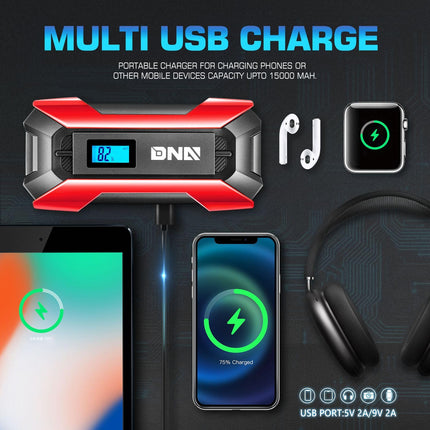 DNA MOTORING TOOLS-00214 Démarreur de batterie de voiture portable multifonction 12V 1500A 15000 mAh pour moteurs essence jusqu'à 7.0L et diesel jusqu'à 5.5L, avec étui de transport, Rouge