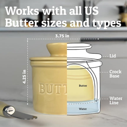 Priority Chef French Butter Crock for Counter with Water Line, On Demand Spreadable Butter, Ceramic Butter Keeper to Leave On Counter, French Butter Dish, Yellow [Khaki], Regular (GM-PC-Crock-KHK1)