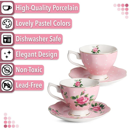 BTäT- Floral Tea Cups and Saucers, Set of 2 (Pink - 8 oz) with Gold Trim and Gift Box, Coffee Cups, Floral Tea Cup Set, British Tea Cups, Porcelain Tea Set, Tea Sets for Women, Latte Cups