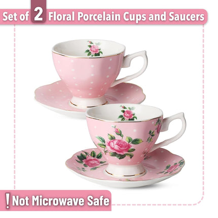 BTäT- Floral Tea Cups and Saucers, Set of 2 (Pink - 8 oz) with Gold Trim and Gift Box, Coffee Cups, Floral Tea Cup Set, British Tea Cups, Porcelain Tea Set, Tea Sets for Women, Latte Cups