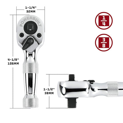 Powerbuilt Stubby Ratchet, Dual Head Ratchet, 1/4 Inch and 3/8 Inch Drive, Reversible Switch, 72 Tooth, Small Tight Space - 640931, Silver
