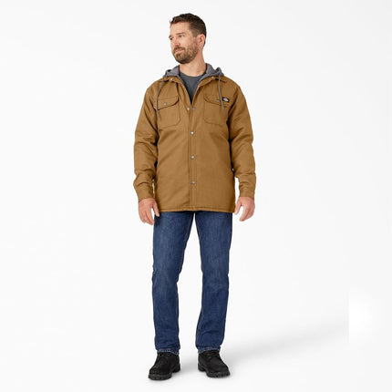 Dickies Men's Fleece Hooded Shirt Jacket with Hydroshield Work Utility Outerwear, Brown Duck, XS