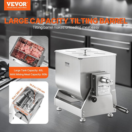 VEVOR Manual Meat Mixer, 40L Tilt Tank – Heavy Duty Stainless Steel Hand Mixer for Ground Beef & Sausage, Max 60lb Mixing Meat Capacity, with Gear Box and Lid Handle