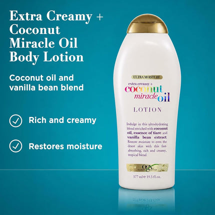 OGX Extra Creamy + Coconut Miracle Oil Ultra Moisture Body Lotion with Vanilla Bean, Fast-Absorbing Body Lotion for All Skin Types, Paraben-Free and Sulfated-Surfactants Free, 19.5 Ounce