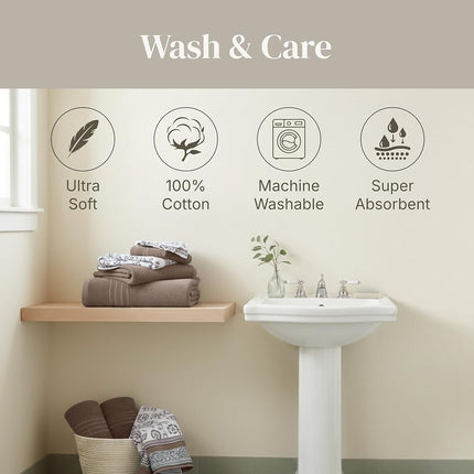 Modern Threads 6 Piece Set, 2 Bath Towels, 2 Hand Towels, 2 Washcloths Yarn Dyed Jacquard/Solid Towel Set Ophelia Fawn