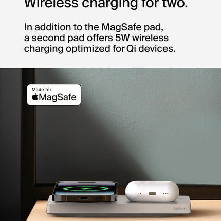 Belkin BoostCharge Pro 2-in-1 Wireless Charging Pad with MagSafe 15W, Fast Charging iPhone Charger Compatible with iPhone 15, 14, 13, and 12 Series, AirPods, and Other MagSafe Enabled Devices - Sand