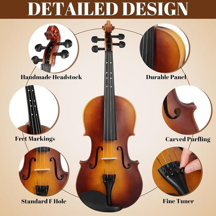 Kmise Violin 3/4 Full Set, Fingerboard Fret Markings Violins, Matte Acoustic Fiddle for Adults, Beginners, Students with Violin Case, Rosin, Strings, Bow, Shoulder Rest, Beginner's Guide (Matte, 3/4)