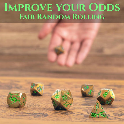 Metal Dice for DND - Ancient Cracked Pharaoh Ruins - Gold Green Cracks