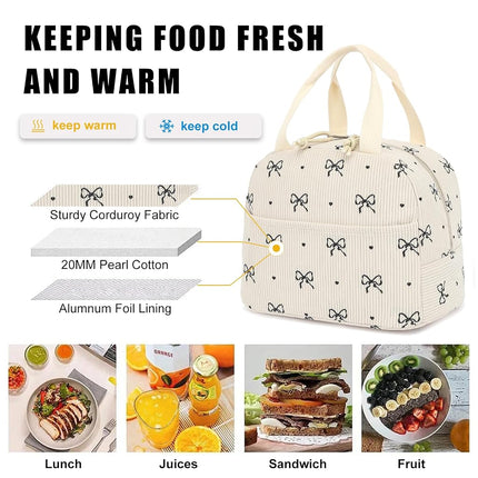Corduroy Lunch Box for Women Girls, Cooler Lunch Bags Reusable Insulated Lunchbox for Picnic School Work Travel (Bow Tie)