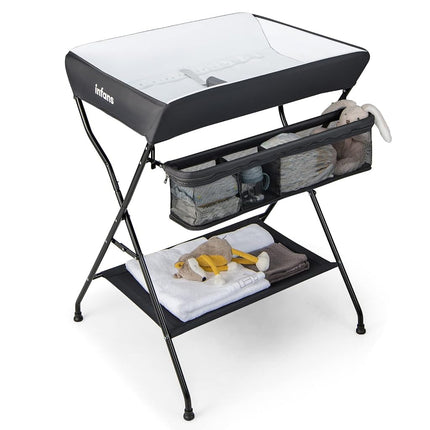 INFANS Baby Portable Changing Table, Infant Diaper Station with Storage Basket & Shelf, Foldable Nursery Organizer (Black)