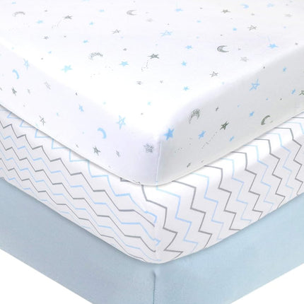 American Baby Company 3 Piece 100% Cotton Jersey Knit Fitted Crib Sheet for Standard Crib and Toddler Mattresses, Blue Star/Zigzag, for Boys and Girls