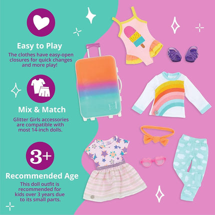 Glitter Girls 14 Inch Doll Clothes, Suitcase Fashion Set, 3 Outfits, Medium