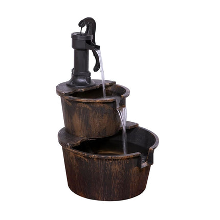 Alpine Corporation 27" Tall Outdoor Rustic 2-Tier Barrel and Pump Water Fountain with LED Lights – Garden, Patio, or Yard Decor, Bronze