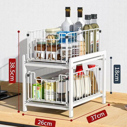 Pull-Out Sliding Drawer Cabinet Organizer, Slide-Out Stackable Under Sink Cabinet Organizer 2-Tier Storage Shelf, Multipurpose for Kitchen, Bathroom