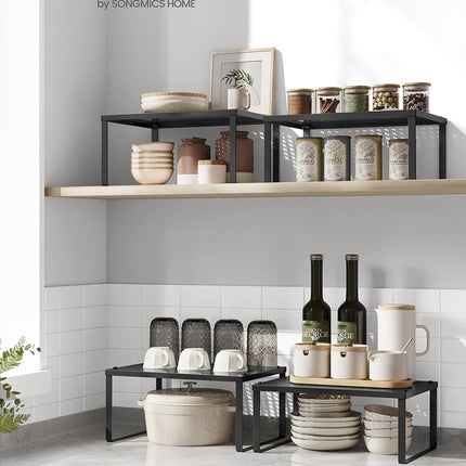 SONGMICS Spice Racks, Set of 2 Metal Cabinet Shelf Organizers, Countertop Organizers, Shelf Risers, Stackable, Expandable, Ink Black UKCS001B01