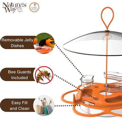 Nature’s Way Multi-Station Oriole Feeding Center with Ant Moat & Weather Baffle, Metal & Plastic Wild Bird Feeder, 12 oz Nectar Capacity, Orange