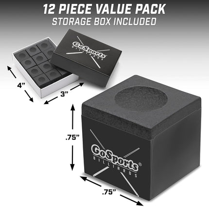 GoSports Premium Pool Cue Chalk Cube 12 Pack - Black Billiards Pool Stick Chalk