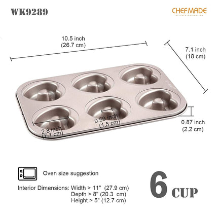 CHEFMADE Donut Mold Cake Pan, 6-Cavity Non-Stick Heart-Shaped Doughnut Bakeware, FDA Approved for Oven Baking (Champagne Gold)