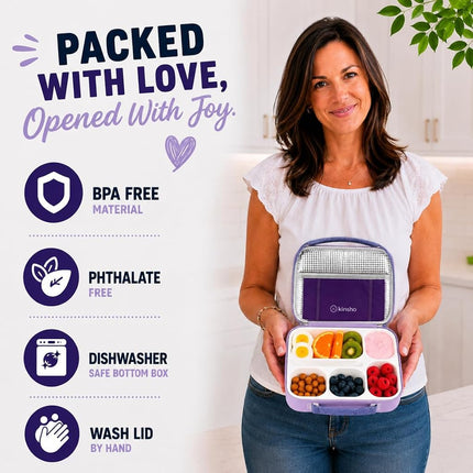 Bento-Box with Bag and Ice Pack Set. Lunch Boxes Snack Containers for Kids Boys Girls Adults. 6 Compartments, Leakproof Portion Container Boxes Insulated Bags for School Lunches, BPA Free, Purple…
