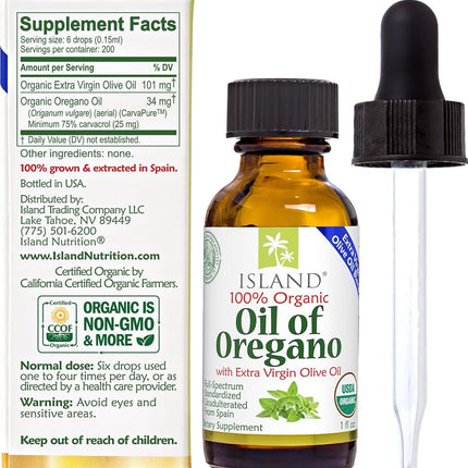 Island Nutrition Oil of Oregano Organic Liquid Drops - with Olive Oil - USDA-Certified Organic (1 oz)