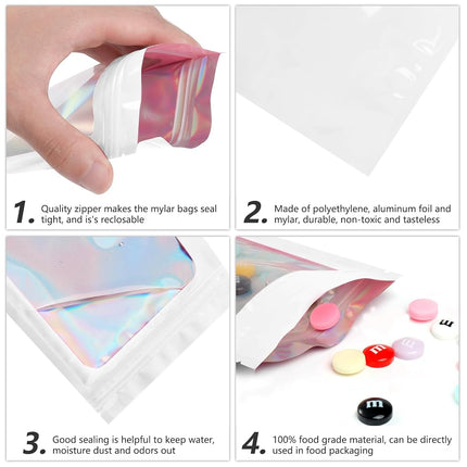 FUNFERY 100 pcs Smell Proof Mylar Bags Holographic Packaging Bags, Clear Window Resealable Odor Foil Pouch Ziplock for Food Storage (White, 6.3 x 9.4 Inch)