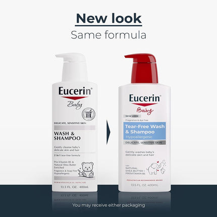 Eucerin Baby Wash & Shampoo - 2 in 1 Tear Free Formula, Hypoallergenic & Fragrance Free, Nourish and Soothe Sensitive Skin - 13.5 fl. oz. Pump Bottle (Pack of 3)