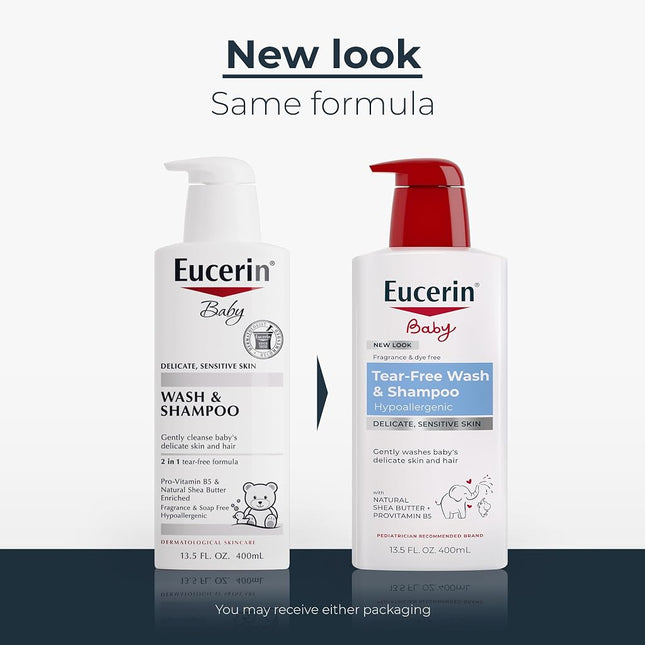 Eucerin Baby Wash & Shampoo - 2 in 1 Tear Free Formula, Hypoallergenic & Fragrance Free, Nourish and Soothe Sensitive Skin - 13.5 fl. oz. Pump Bottle (Pack of 3)