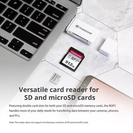 Transcend RDF5 USB 3.1 Type-A SD & microSD Card Reader for SDHC/SDXC, White TS-RDF5W