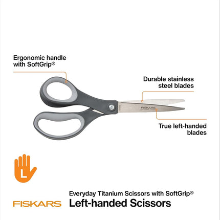 Fiskars 8” Left-Handed Titanium Scissors, SoftGrip Handle for Comfort, Durable Stainless Steel Blades for Home and Office Use