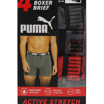 PUMA Men's 4 Pack Active Stretch Boxer Briefs, Black/Red, M