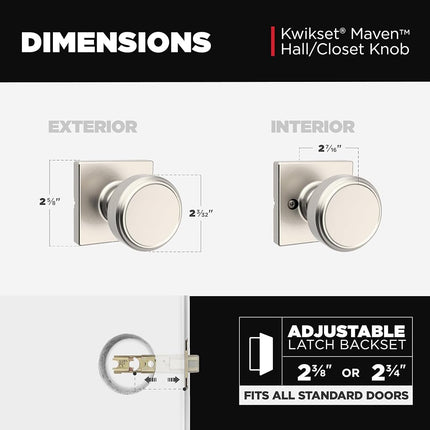 Kwikset Maven Interior Passage Door Knob, Handle for Closet and Hallway Doors, Square Non-Locking Doorknob in Satin Nickel, with Microban Protection
