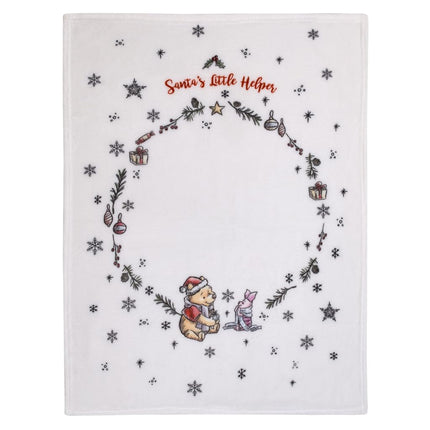 Disney Winnie the Pooh and Piglet White, Red, and Green Christmas Holiday Wreath "Santa's Little Helper" Photo Op Super Soft Baby Blanket