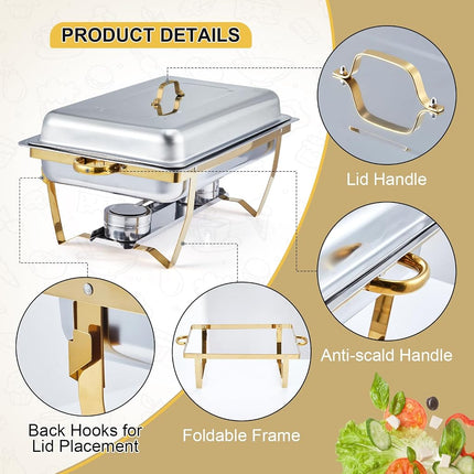 Takywep Chafing Dish Buffet Set 2 Pack, 8 Qt Stainless Steel Chafer Buffet Servers and Warmers Sets with Lid Folding Frame, Rectangular Chafing Dishes for Parties, Weddings, Catering Events, Gold