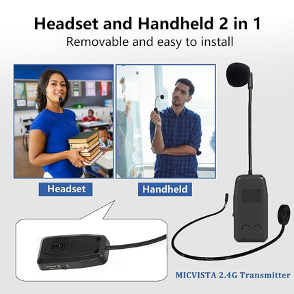 MICVISTA 4-Person Wireless Microphone System, 2.4G Wireless Earphone Microphones and Handheld Microphones 2-in-1 Speaker Audio Amplifier PA System for Teacher Tour Guides Fitness Trainer