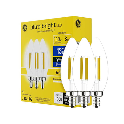GE Ultra Bright LED Light Bulbs, 100 Watt Equivalent, Soft White, Clear B12 Bulbs (3 Pack)