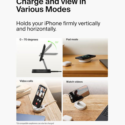 Belkin Convertible Magnetic Charging Stand 15W - MagSafe-Compatible Fast Qi2 Charger, iPhone Charger for Apple iPhone 16, 16 Plus, 16 Pro, 16 Pro Max, iPhone 15 & 14, Apple Airpods Pro, & More - White
