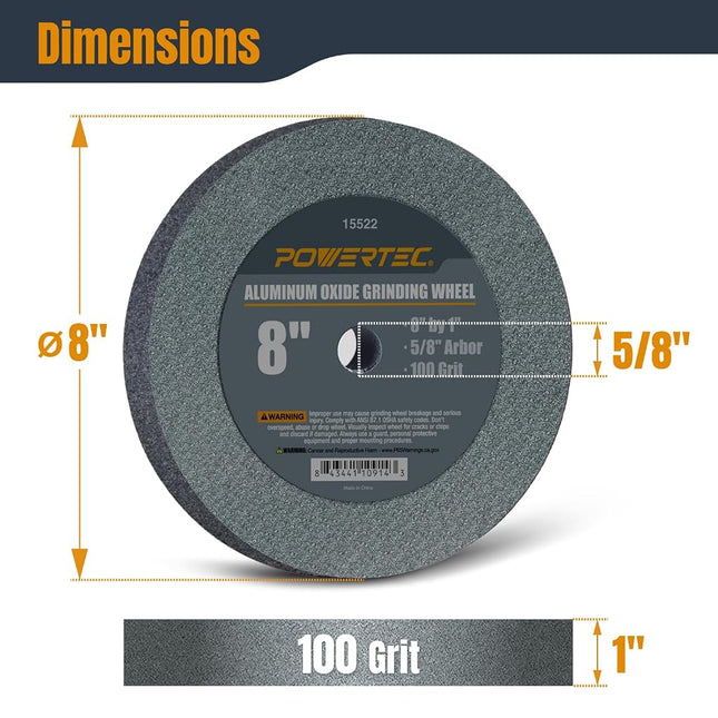 POWERTEC 15522-P2 Aluminum Oxide Grinding Wheel 100 Grit, 8" x 1" with 5/8" Arbor, 2 PK