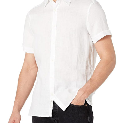 Perry Ellis Men's Short Sleeve Solid Linen Shirt Button, Bright White-4ahw3027, XL